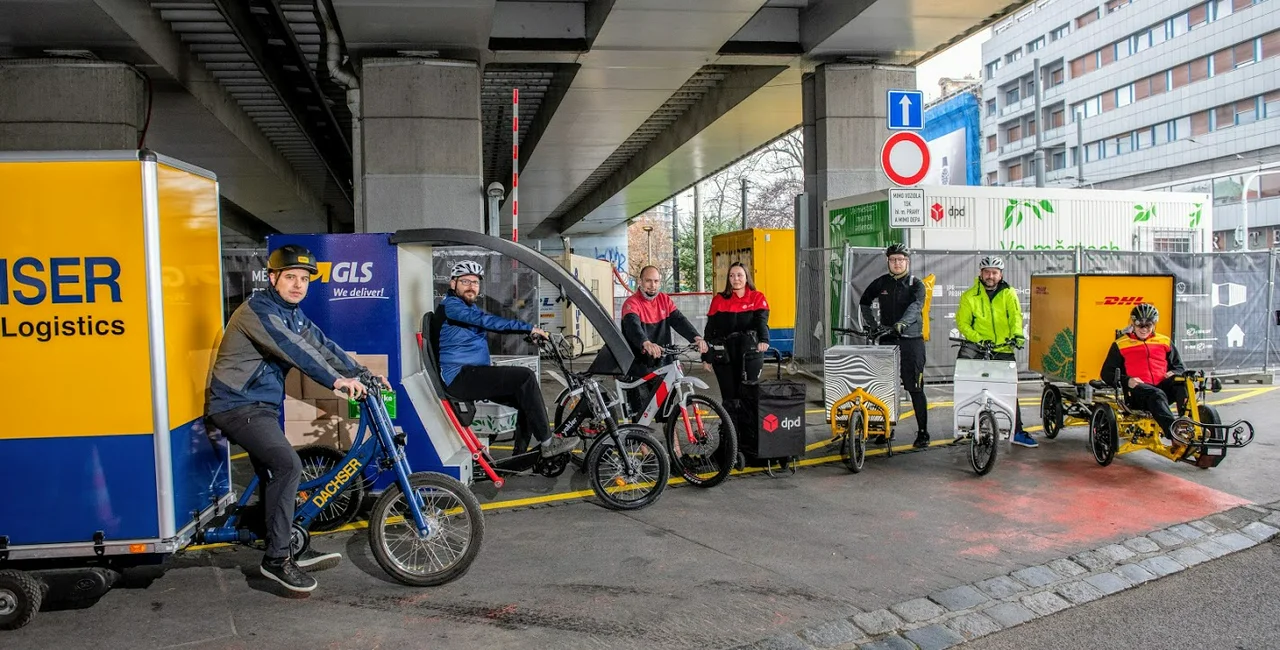The e-bikes in Florenc ready to deliver parcels across the city. 